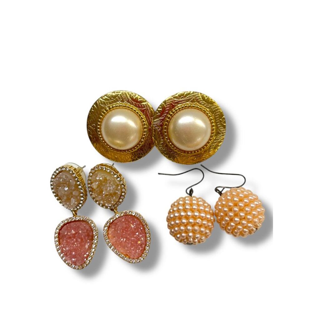 3 Pair Pierced Earrings Goldtone Pink Faux Pearl Costume Jewelry